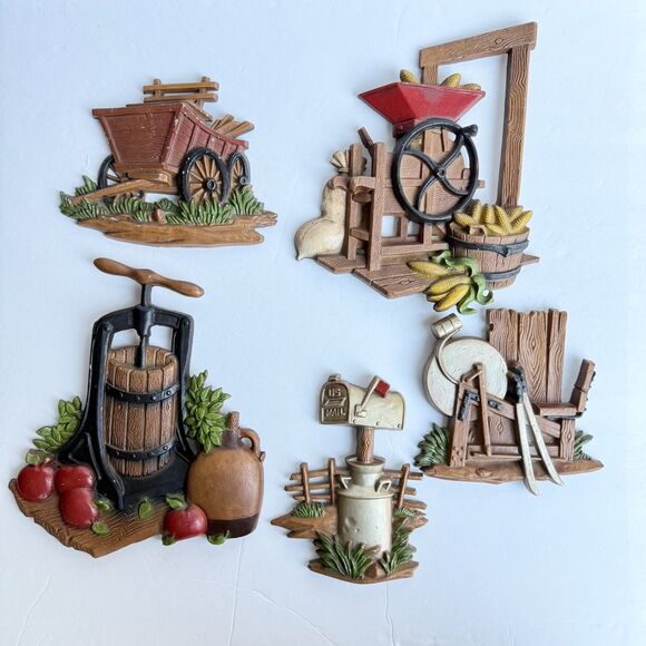 Vintage Homco Metal Wall Hanging Set 5 pieces Cottage Farm Core 1976 - Picture 1 of 11